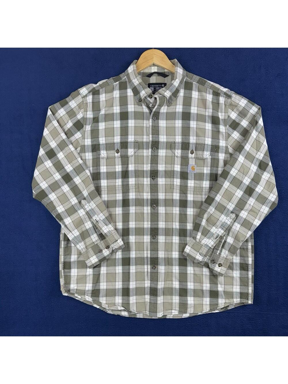Carhartt Loose Fit Mens Large Plaid Button Front Work Shirt Green Beige Unility - Picture 2 of 9